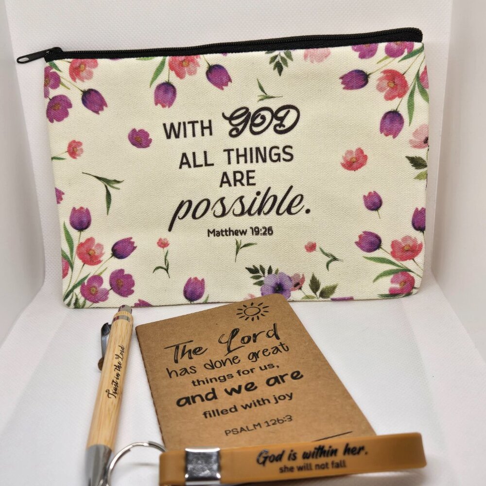 NEW INSPIRATIONAL FAITH CANVAS POUCH, NOTEPAD, PEN, BOOKMARK & KEYCHAIN GIFT SET